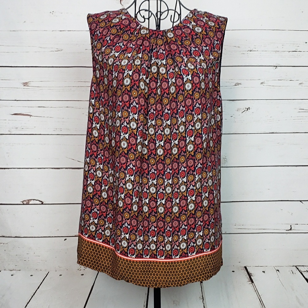 Anthropologie Sleeveless Floral Geometric Print Top in Red, White, Brown
